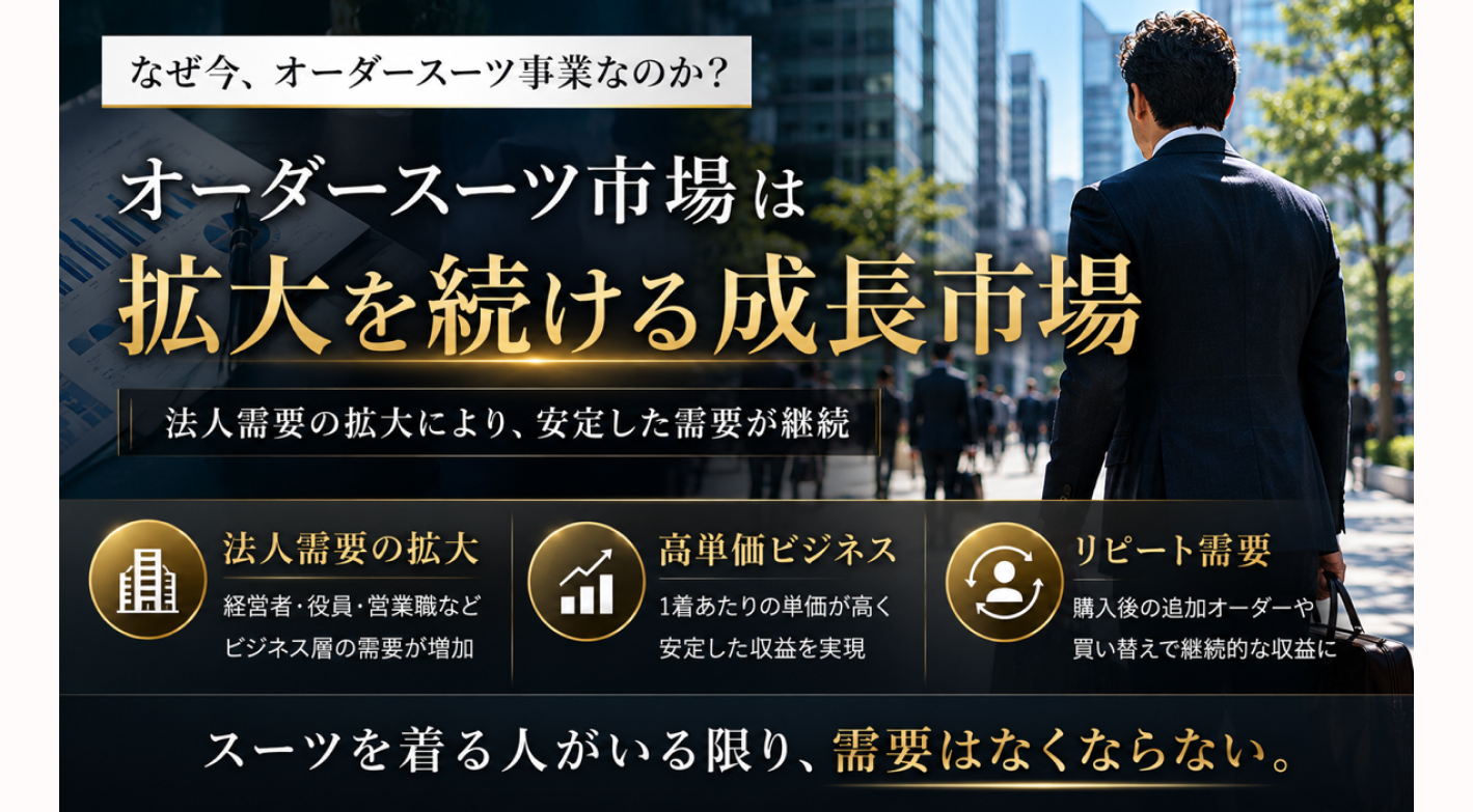 右肩上がりのオーダースーツ市場に今こそ参入！法人需要×高単価×リピートの3本柱で安定収益を実現