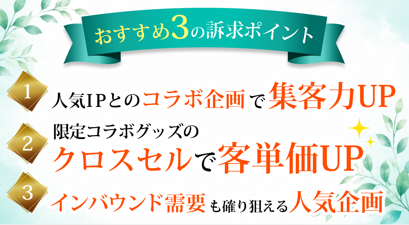 人気IP（アニメ・YouTuberなど）とのコラボ企画で、加盟店の集客力UPに貢献します！