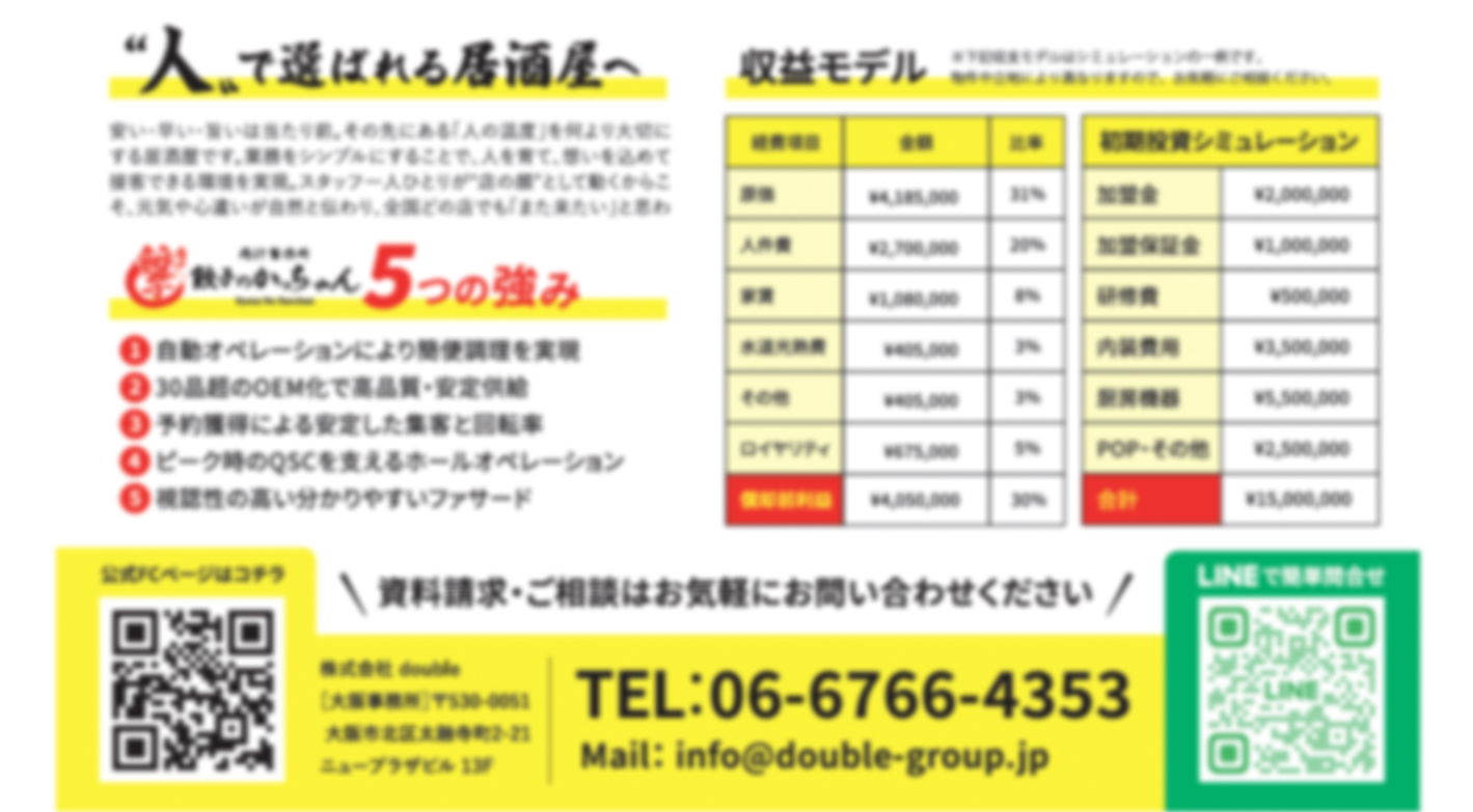 【実店舗型】「人で選ばれる」居酒屋FC！簡単調理で接客に注力、高利益を実現